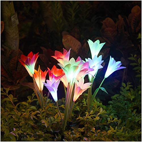 Solar Lights Outdoor - New Upgraded Solar Garden Lights, Multi-Color Changing Lily Solar Flower Lights for Patio,Yard Decoration, Bigger Flower and Wider Solar Panel (2 Pack,Purple and Red)