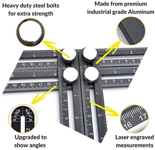 Strongman Tools | Heavy Duty Aluminum Alloy Angle Template Tool | Multi Function Universal Layout Measuring Ruler | 3 Bonus Items - Protective Pouch, Builders Pencil and Instructions | Perfect Present