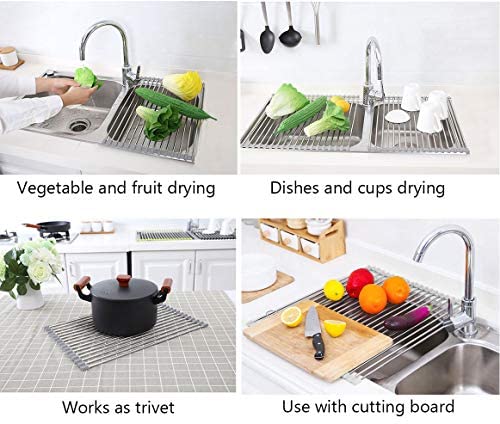 Large Dish Drying Rack, Attom Tech Home Roll Up Dish Racks Multipurpose Foldable Stainless Steel Over Sink Kitchen Drainer Rack for Cups Fruits Vegetables