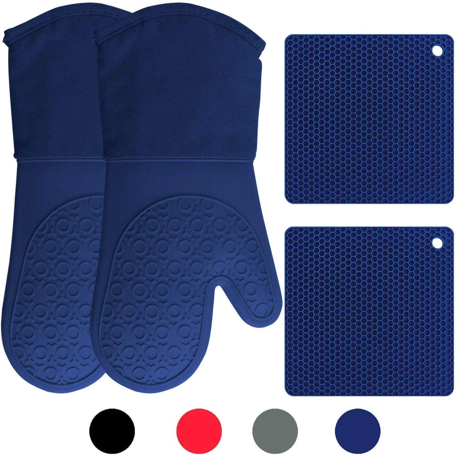Silicone Oven Mitts and Potholders (4-Piece Set) Heavy Duty Cooking Gloves, Kitchen Counter Safe Trivet Mats | Advanced Heat Resistance, Non-Slip Textured Grip (Royal Blue)